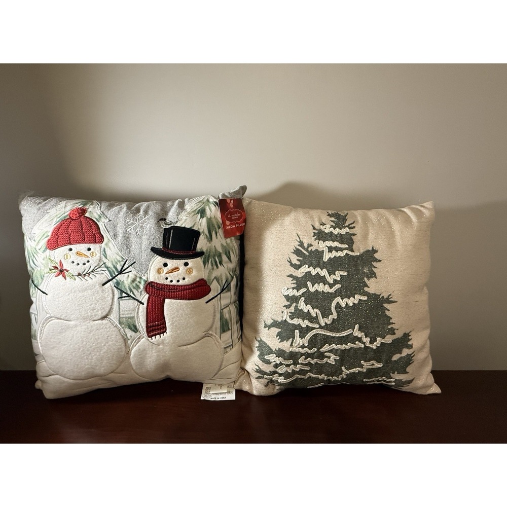 St. Nicholas Square Classic Snowman & Christmas Tree (2)Throw Pillows 14x14